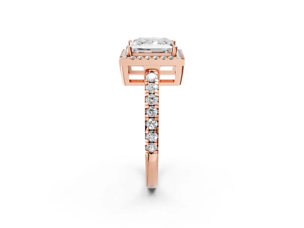 Rose gold Princess Cut Diamond Halo Ring with Pavé Band and Four-Prong Setting