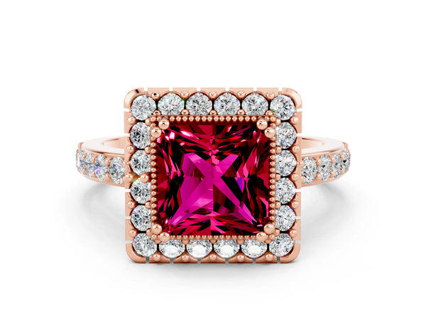 Rose gold Princess Cut Garnet Halo Ring with Pavé Band and Prong Setting