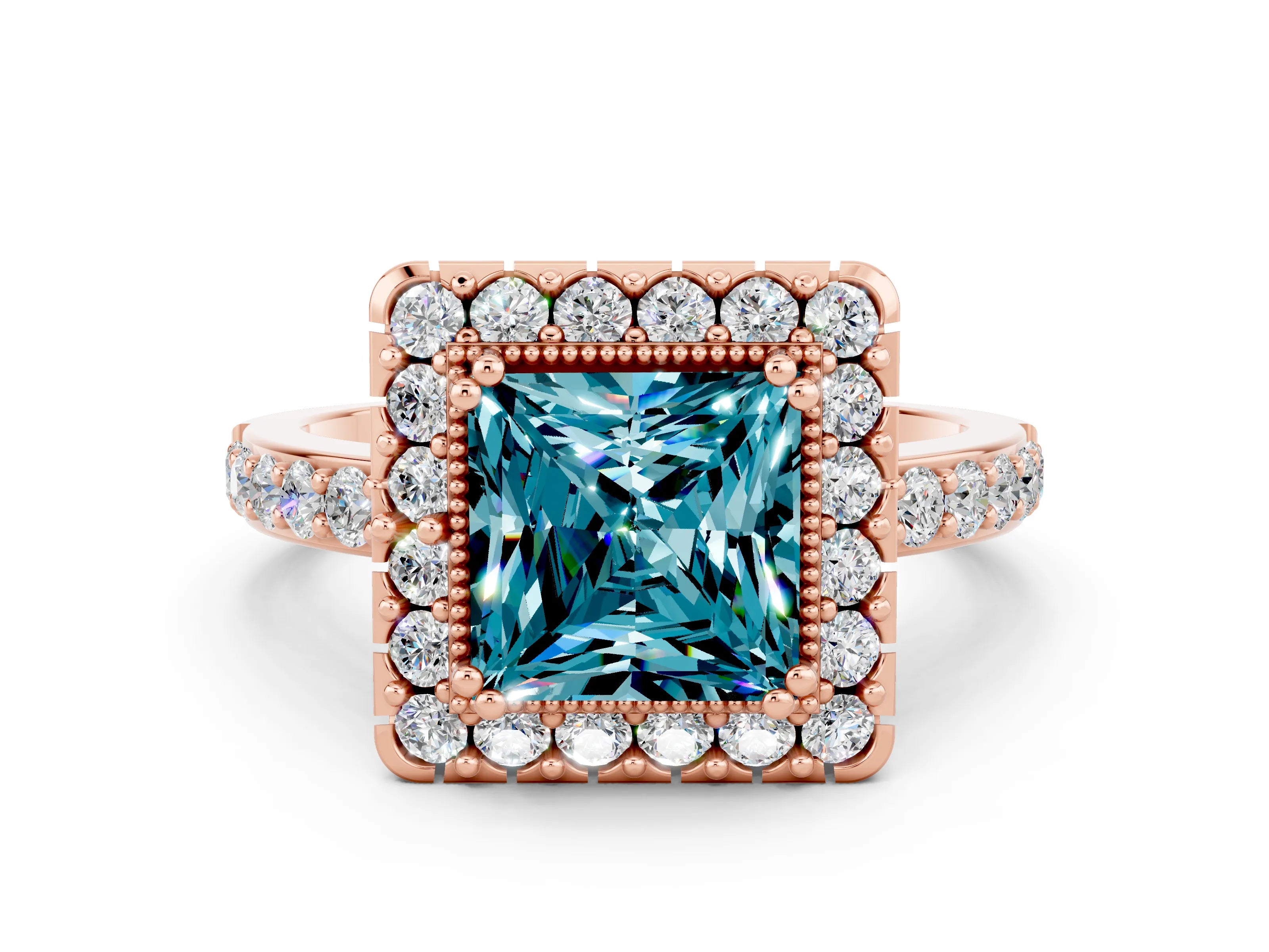 Rose gold Princess Cut Diamond Halo Ring with Pavé Band and Prong Setting