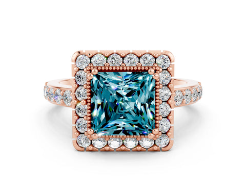 Rose gold Princess Cut Diamond Halo Ring with Pavé Band and Prong Setting