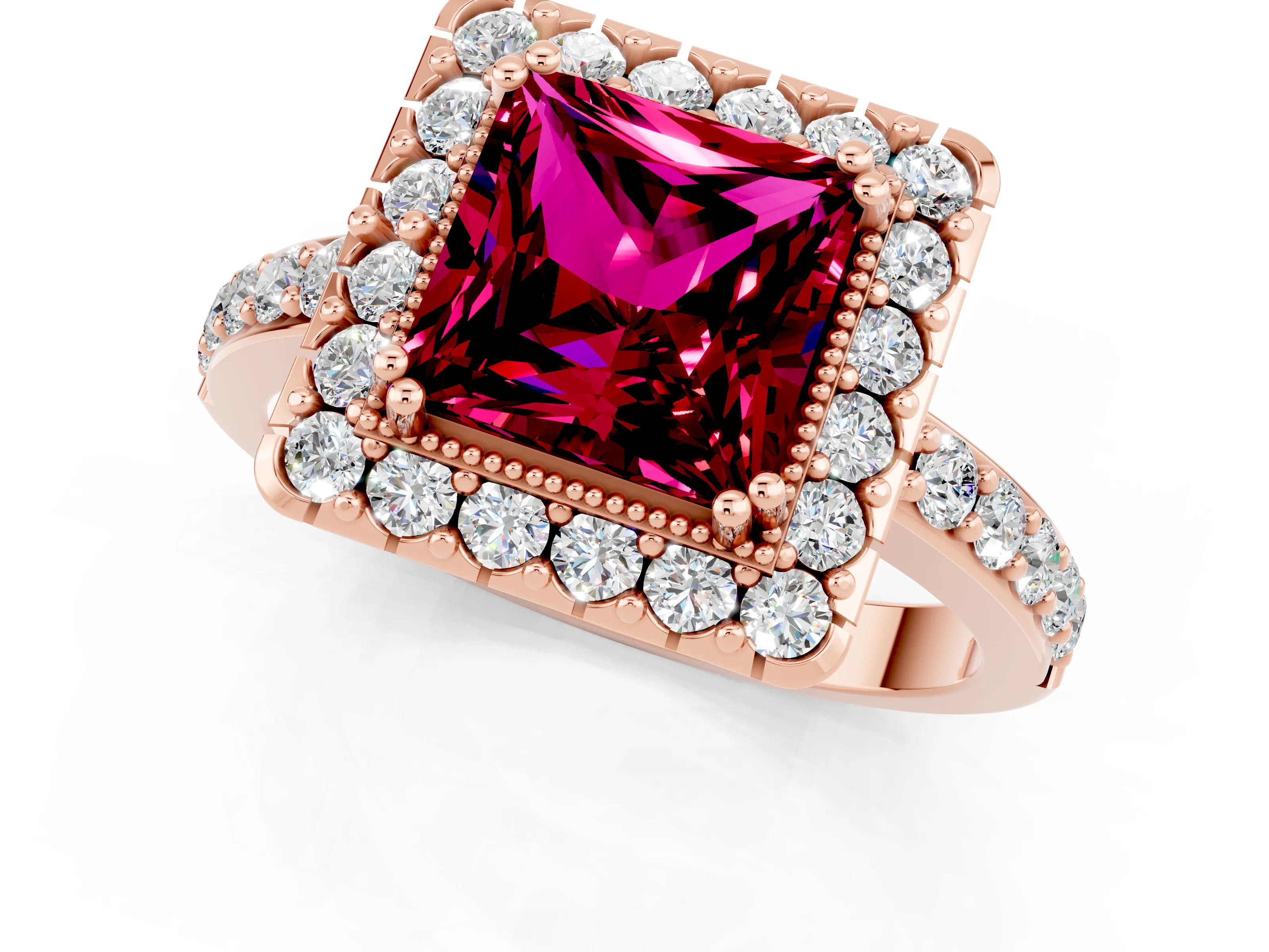Rose gold Princess Cut Diamond Halo Ring with Pavé Band and Prong Setting_1