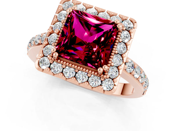 Rose gold Princess Cut Garnet Halo Ring with Pavé Band and Prong Setting