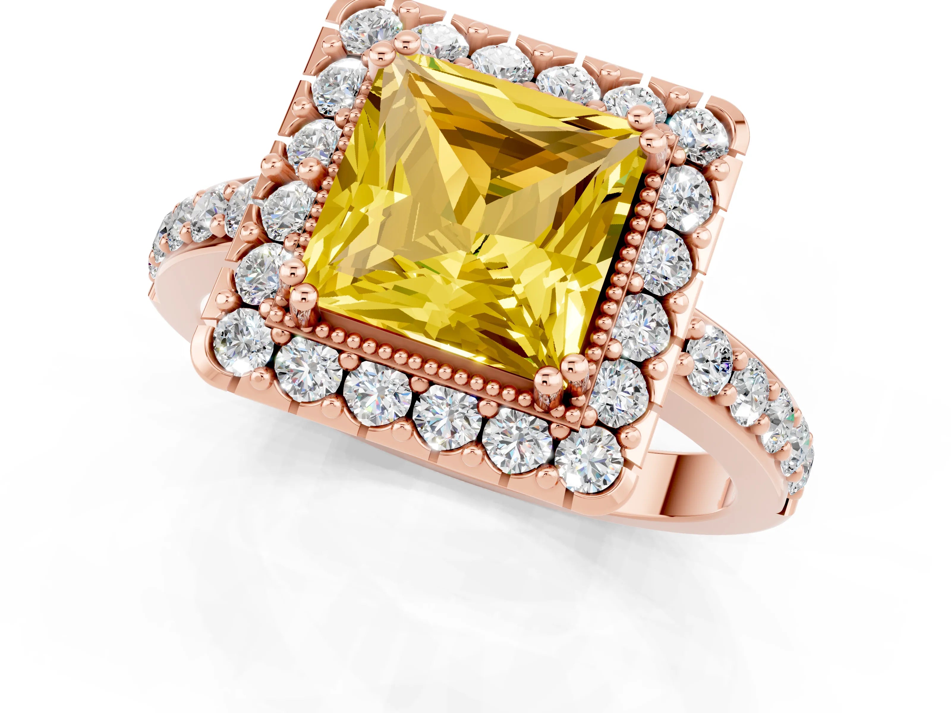 Rose gold Princess Cut Diamond Halo Ring with Pavé Band and Prong Setting_1