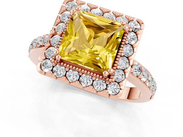 Rose gold Princess Cut Yellow Sapphire Halo Ring with Pavé Band and Prong Setting