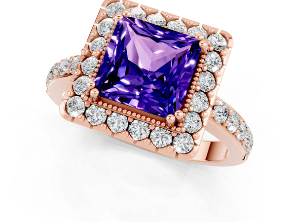 Rose gold Princess Cut Tanzanite Halo Ring with Pavé Band and Prong Setting