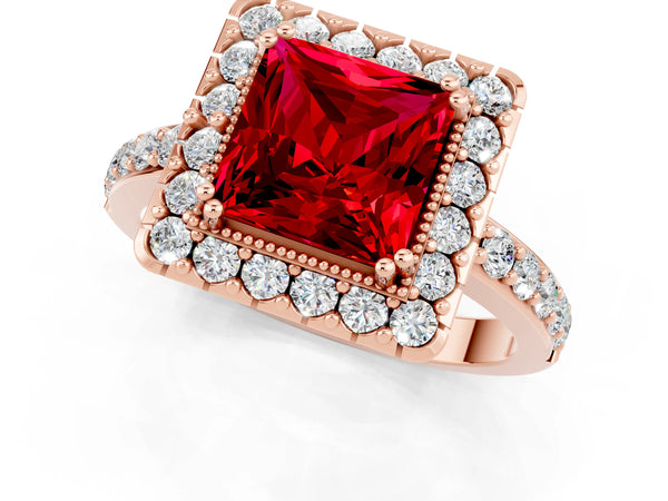Rose gold Princess Cut Ruby Halo Ring with Pavé Band and Prong Setting