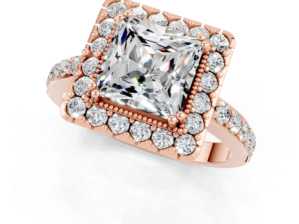 Rose gold Princess Cut Moissanite Halo Ring with Pavé Band and Prong Setting
