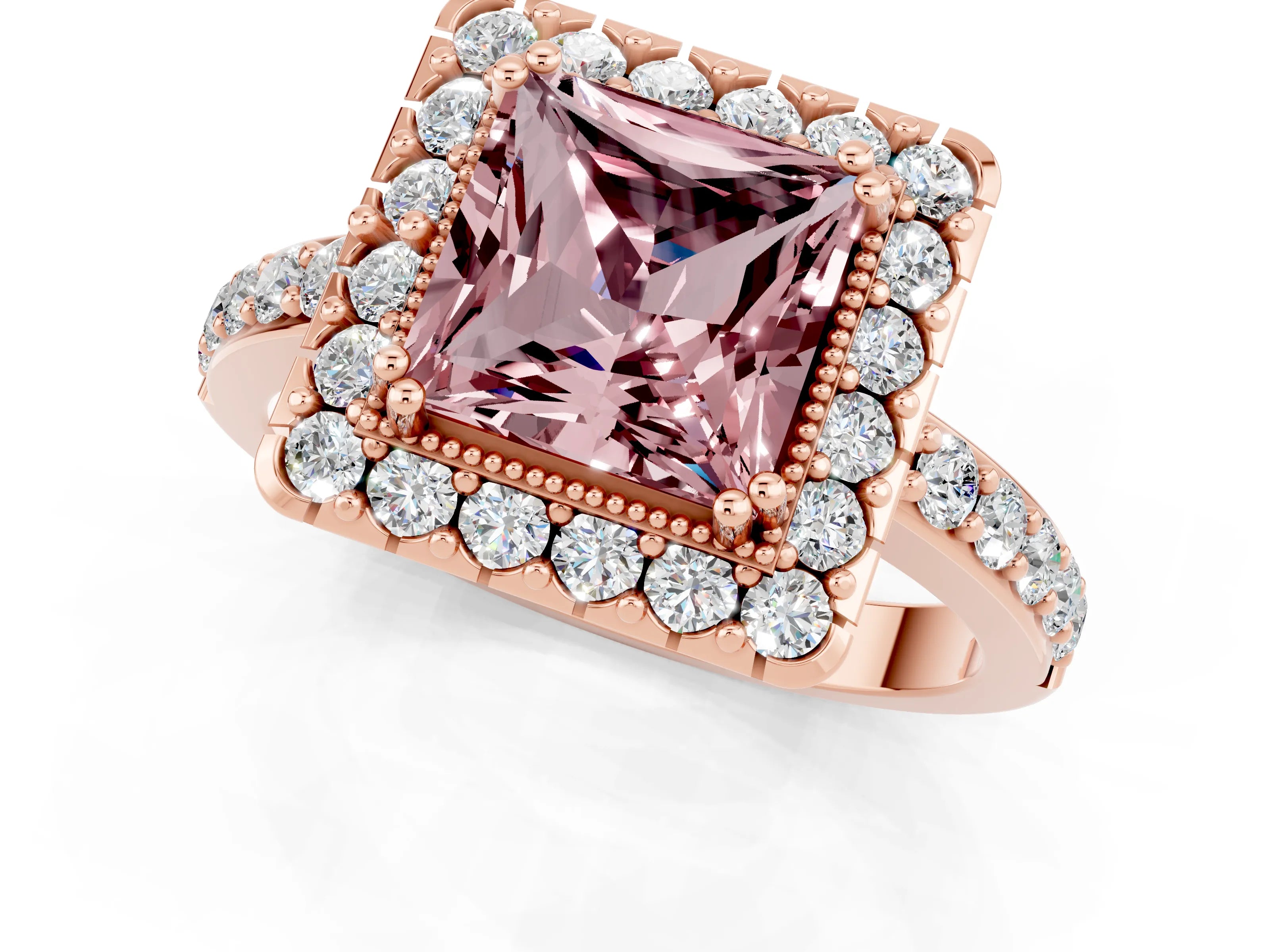 Rose gold Princess Cut Diamond Halo Ring with Pavé Band and Prong Setting_1