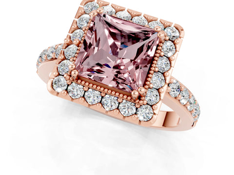 Rose gold Princess Cut Diamond Halo Ring with Pavé Band and Prong Setting_1