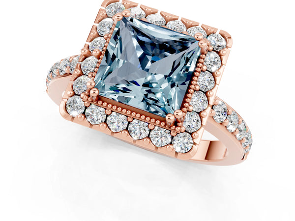 Rose gold Princess Cut Aquamarine Halo Ring with Pavé Band and Prong Setting
