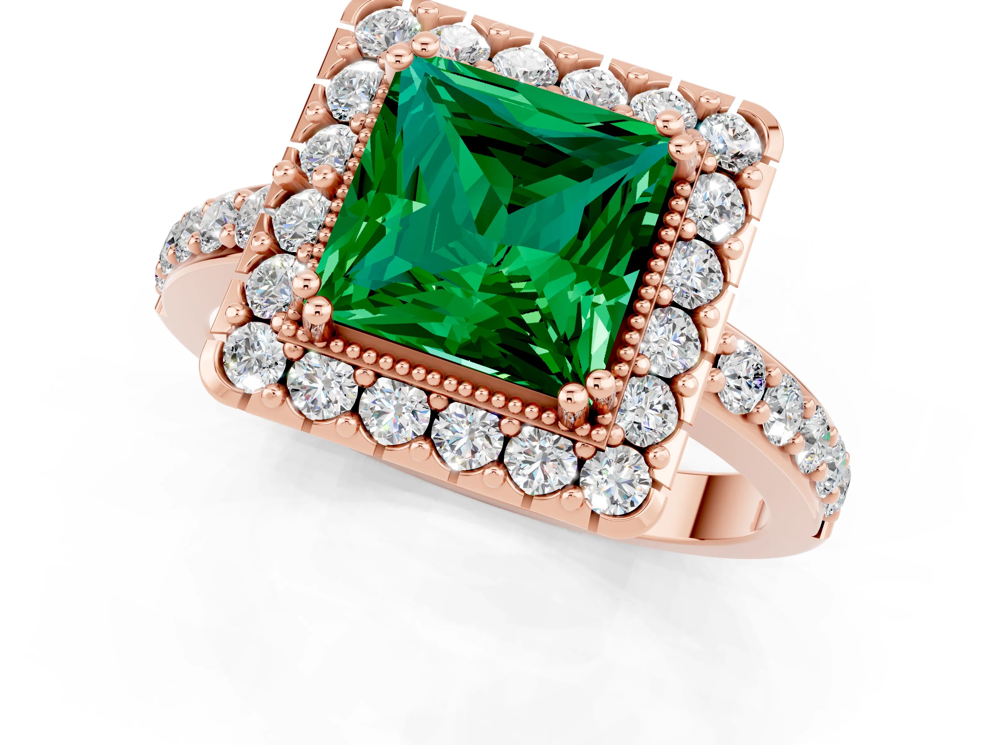 Rose gold Princess Cut Diamond Halo Ring with Pavé Band and Prong Setting_1
