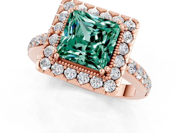 Rose gold Princess Cut Green Sapphire Halo Ring with Pavé Band and Prong Setting