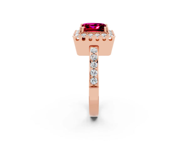 Rose gold Princess Cut Garnet Halo Ring with Pavé Band and Prong Setting