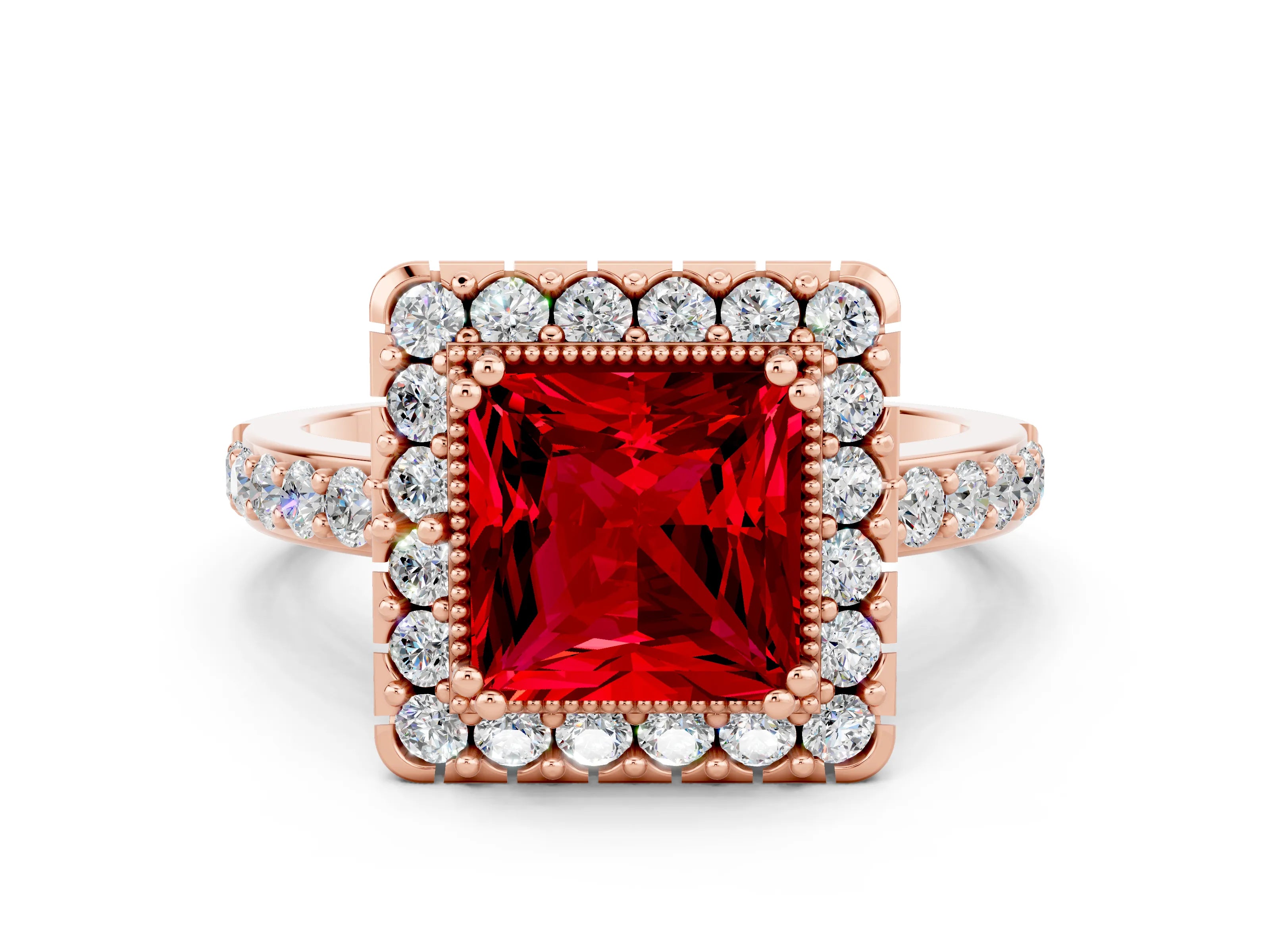 Rose gold Princess Cut Diamond Halo Ring with Pavé Band and Prong Setting