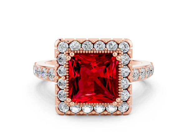 Rose gold Princess Cut Ruby Halo Ring with Pavé Band and Prong Setting