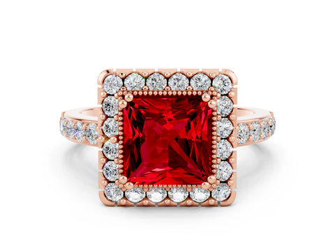 Rose gold Princess Cut Diamond Halo Ring with Pavé Band and Prong Setting