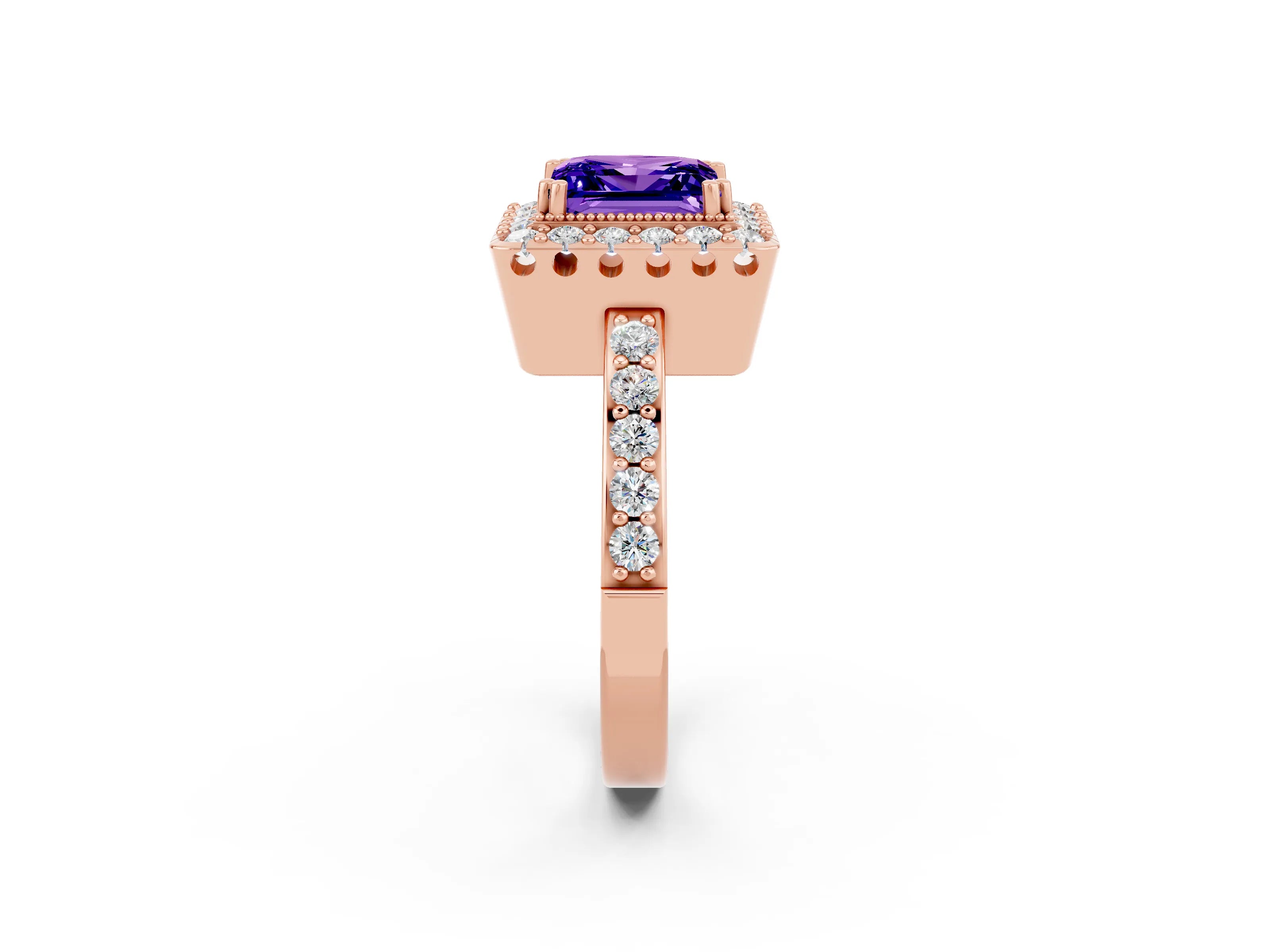 Rose gold Princess Cut Diamond Halo Ring with Pavé Band and Prong Setting_2