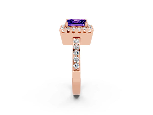 Rose gold Princess Cut Tanzanite Halo Ring with Pavé Band and Prong Setting
