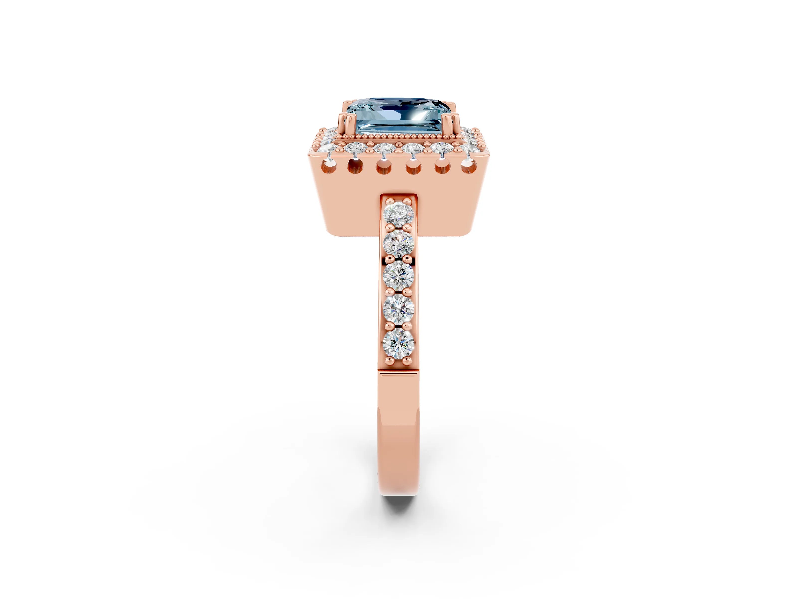 Rose gold Princess Cut Diamond Halo Ring with Pavé Band and Prong Setting_2