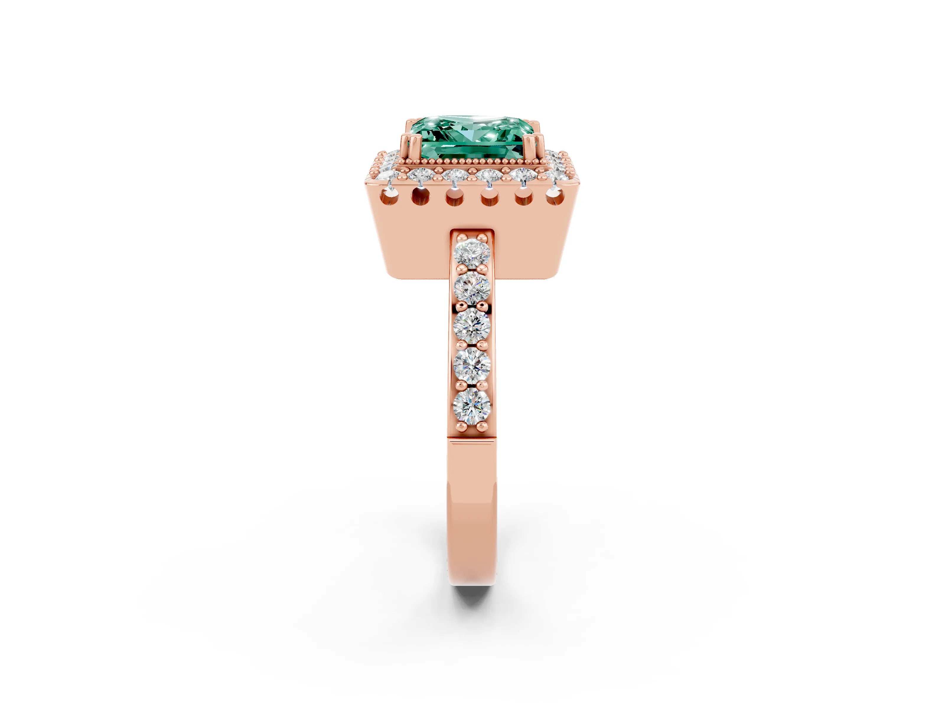Rose gold Princess Cut Diamond Halo Ring with Pavé Band and Prong Setting_2