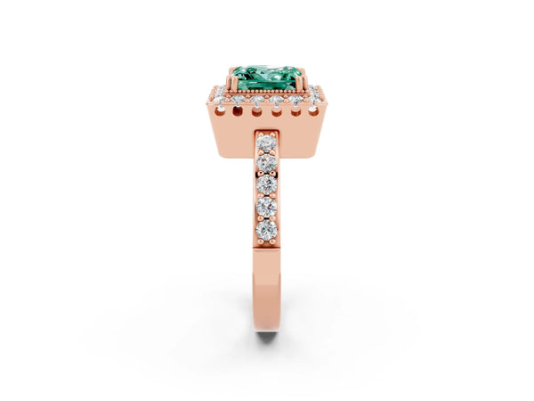Rose gold Princess Cut Green Sapphire Halo Ring with Pavé Band and Prong Setting