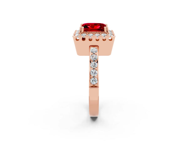 Rose gold Princess Cut Ruby Halo Ring with Pavé Band and Prong Setting