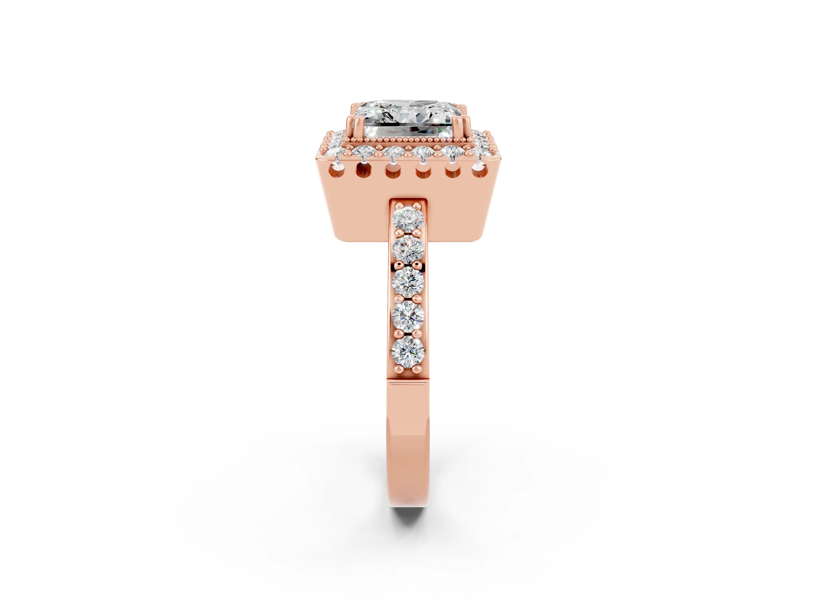 Rose gold Princess Cut Diamond Halo Ring with Pavé Band and Prong Setting_2