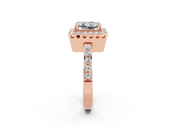 Rose gold Princess Cut Moissanite Halo Ring with Pavé Band and Prong Setting