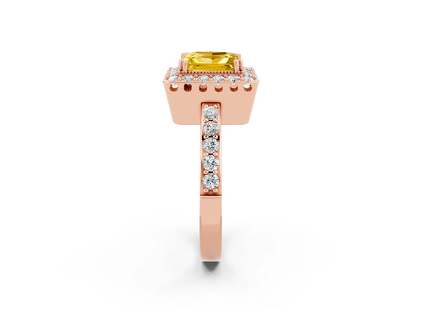 Rose gold Princess Cut Yellow Sapphire Halo Ring with Pavé Band and Prong Setting