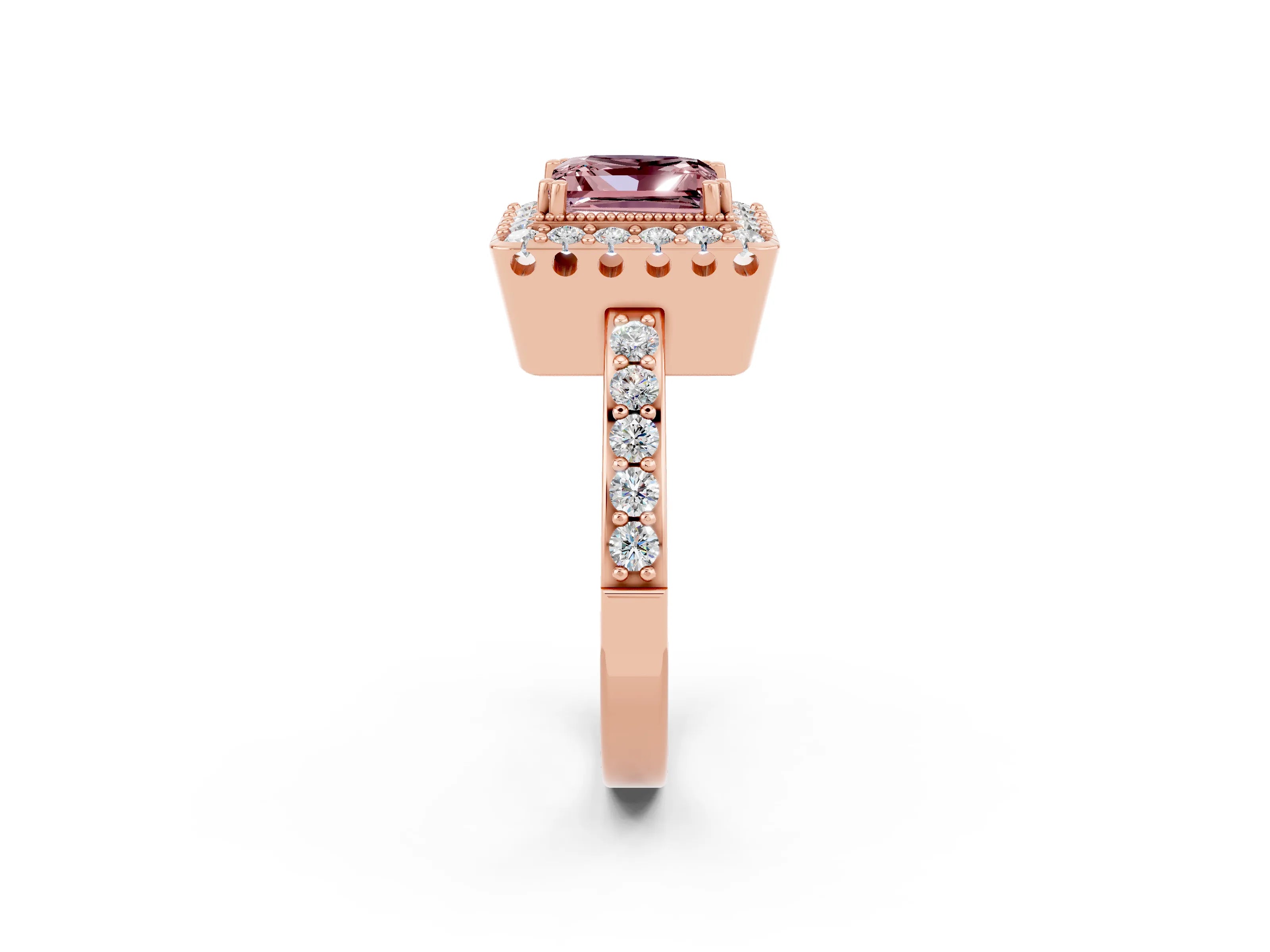 Rose gold Princess Cut Diamond Halo Ring with Pavé Band and Prong Setting_2