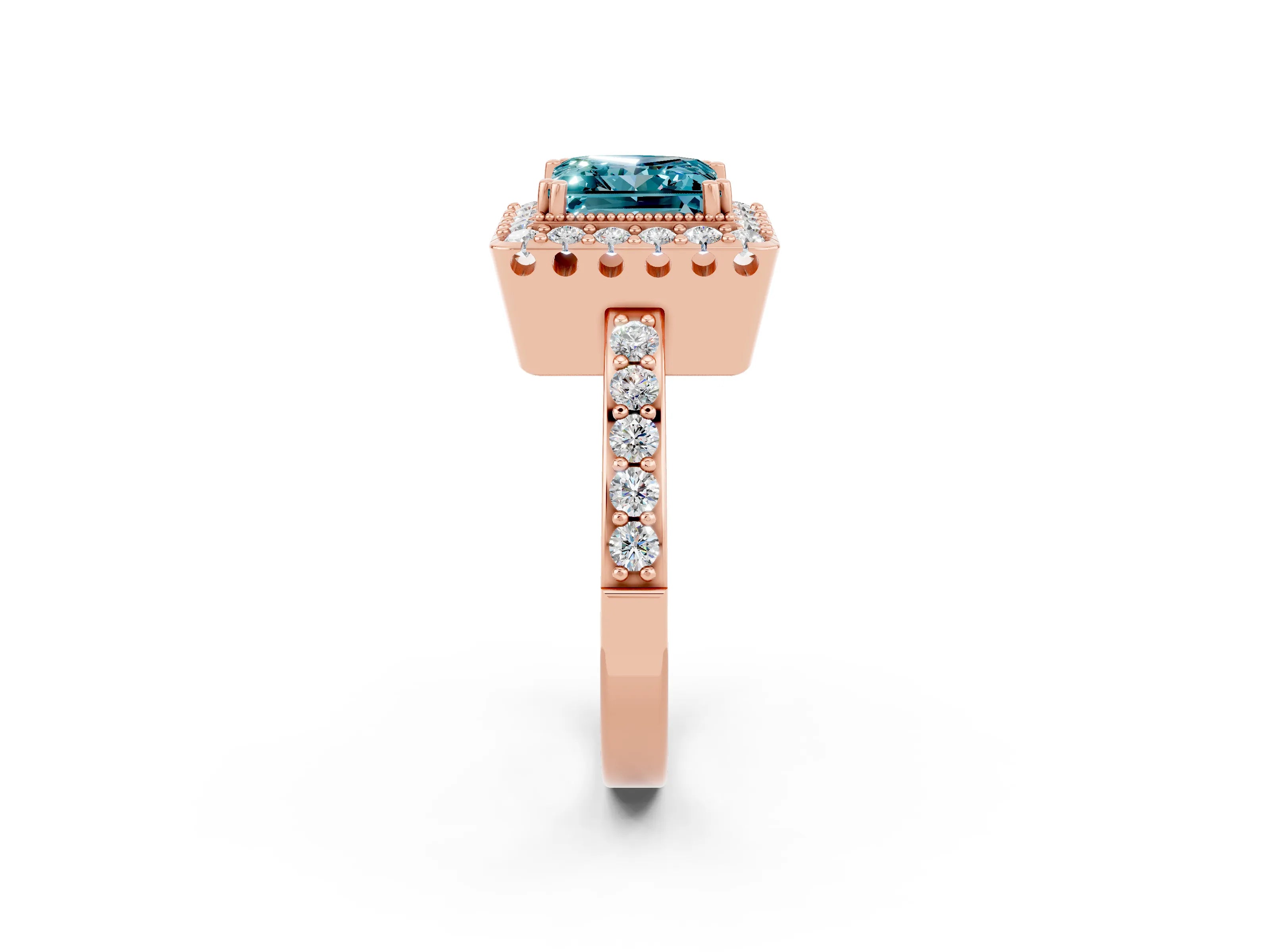 Rose gold Princess Cut Diamond Halo Ring with Pavé Band and Prong Setting_2