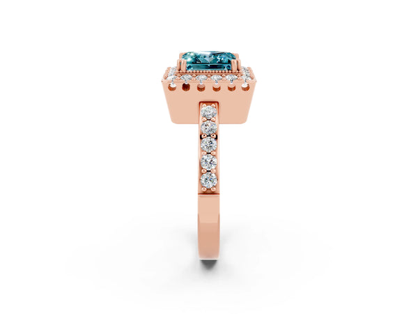 Rose gold Princess Cut Blue Topaz Halo Ring with Pavé Band and Prong Setting