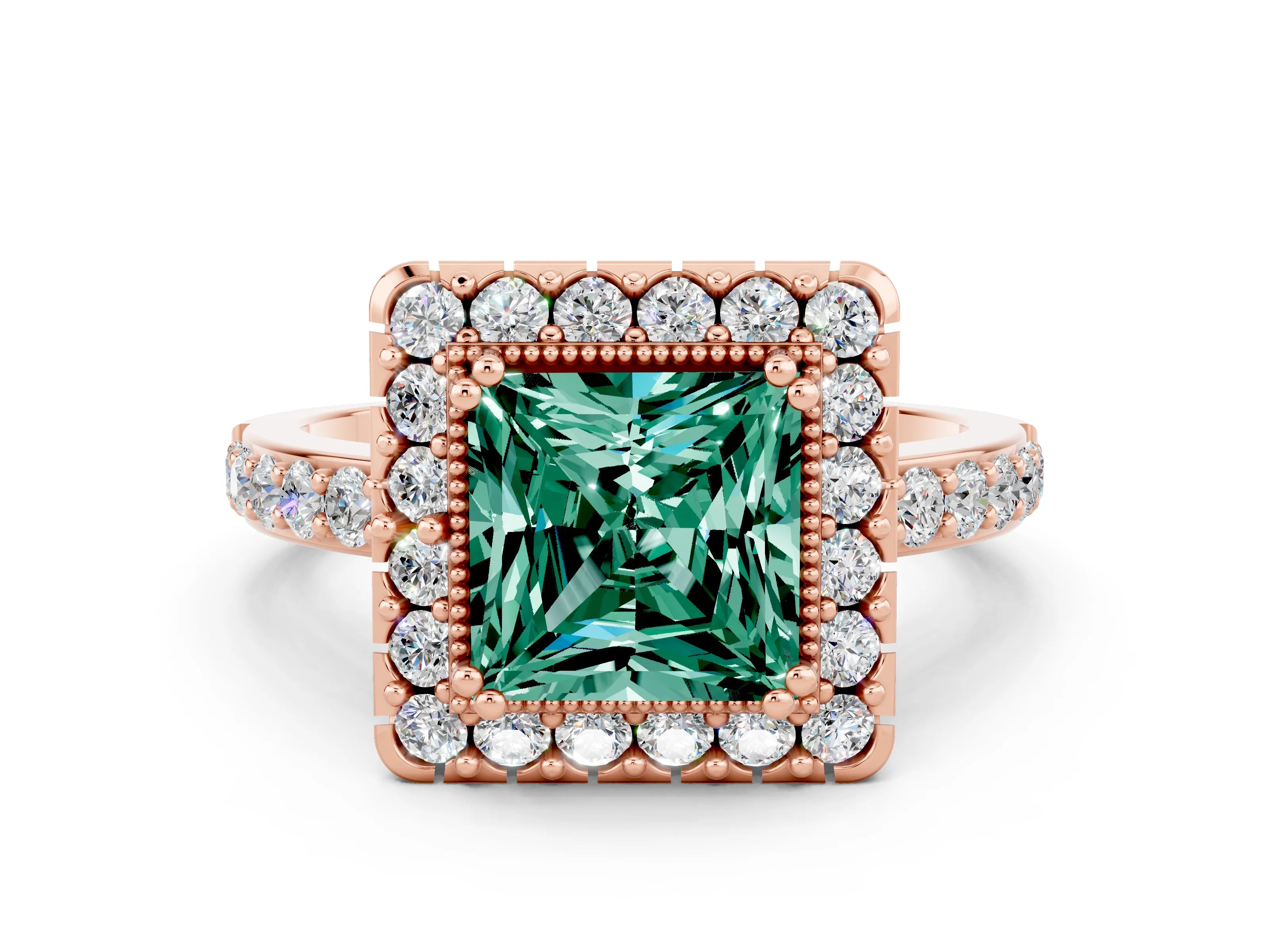 Rose gold Princess Cut Diamond Halo Ring with Pavé Band and Prong Setting