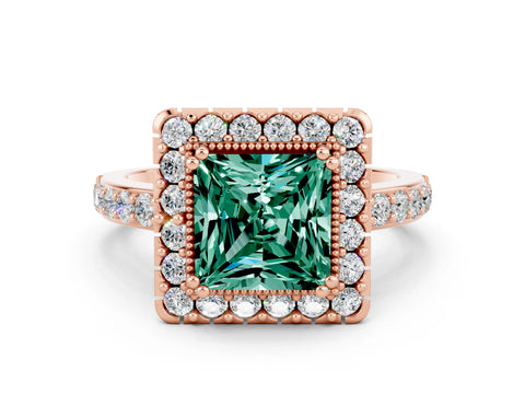 Rose gold Princess Cut Diamond Halo Ring with Pavé Band and Prong Setting