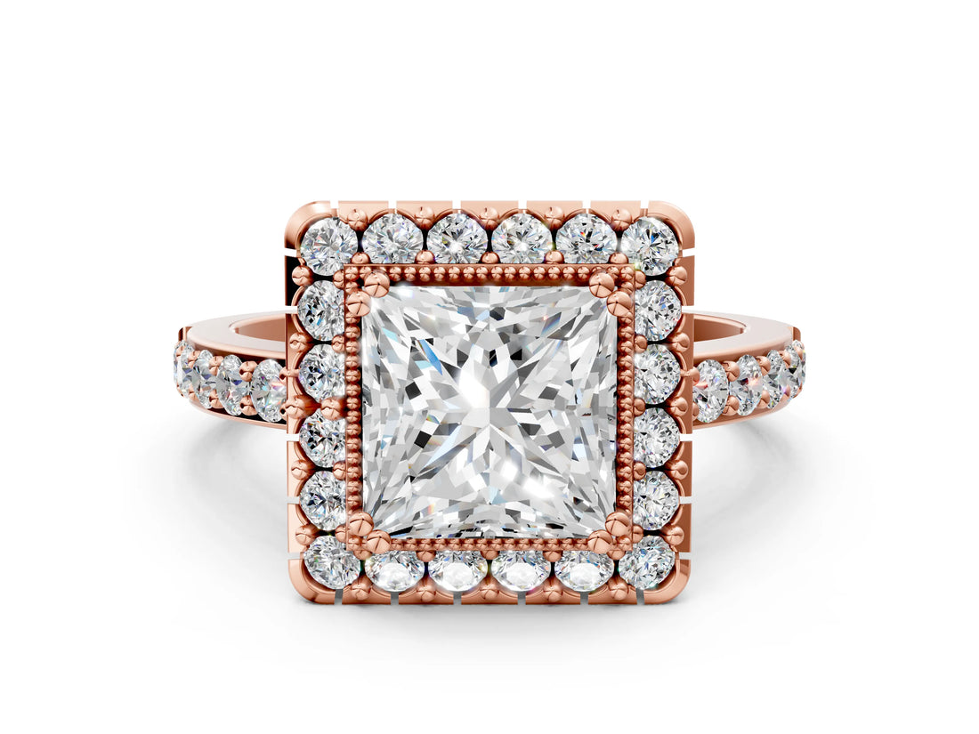 Rose gold Princess Cut Diamond Halo Ring with Pavé Band and Prong Setting_3