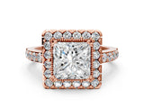 Rose gold Princess Cut Diamond Halo Ring with Pavé Band and Prong Setting_3