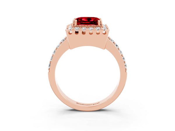 Rose gold Princess Cut Ruby Halo Ring with Pavé Band and Prong Setting