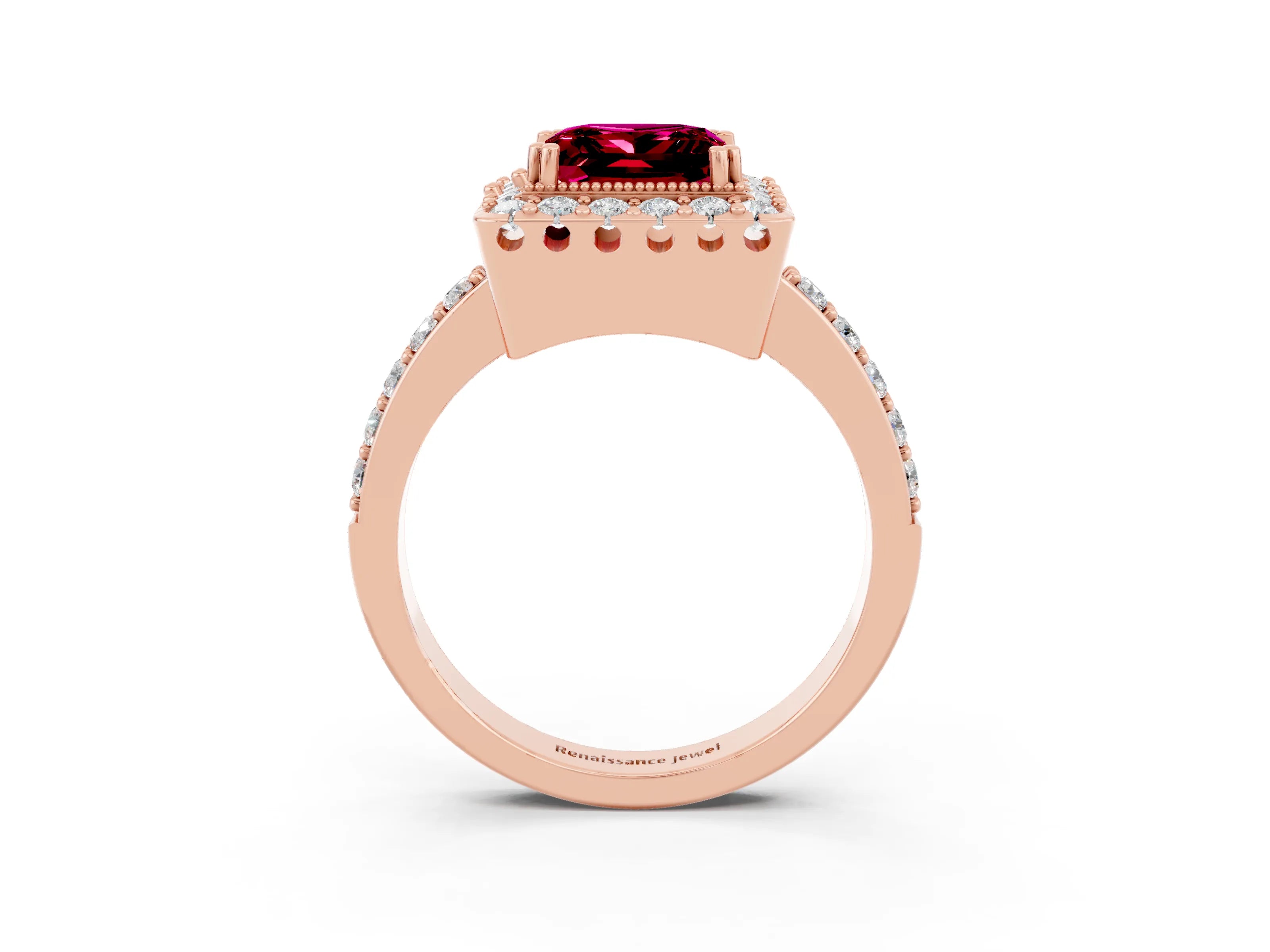 Rose gold Princess Cut Diamond Halo Ring with Pavé Band and Prong Setting_3