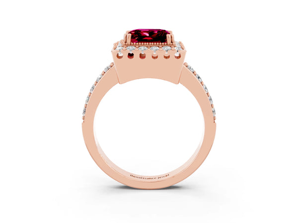 Rose gold Princess Cut Garnet Halo Ring with Pavé Band and Prong Setting