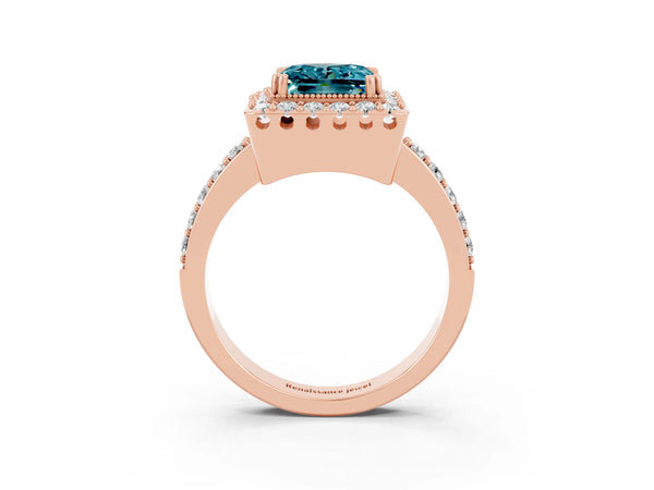 Rose gold Princess Cut Blue Topaz Halo Ring with Pavé Band and Prong Setting