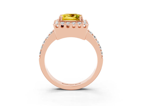 Rose gold Princess Cut Yellow Sapphire Halo Ring with Pavé Band and Prong Setting