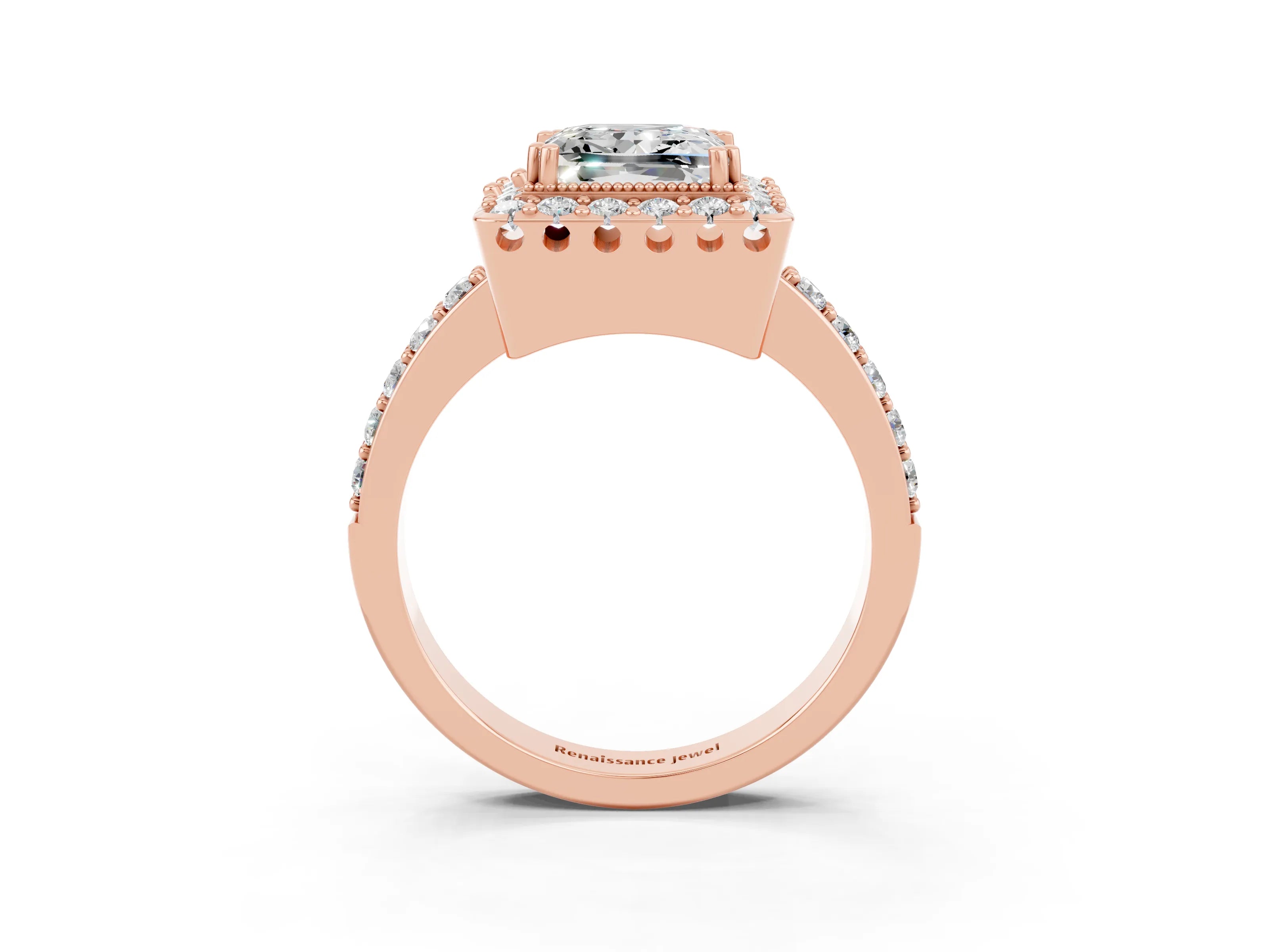 Rose gold Princess Cut Diamond Halo Ring with Pavé Band and Prong Setting_3