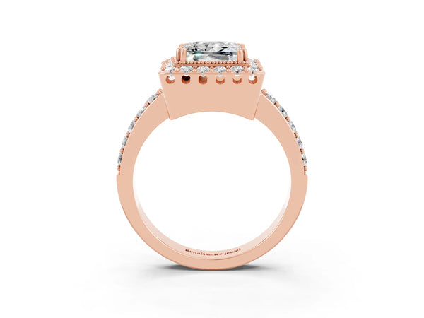 Rose gold Princess Cut Moissanite Halo Ring with Pavé Band and Prong Setting