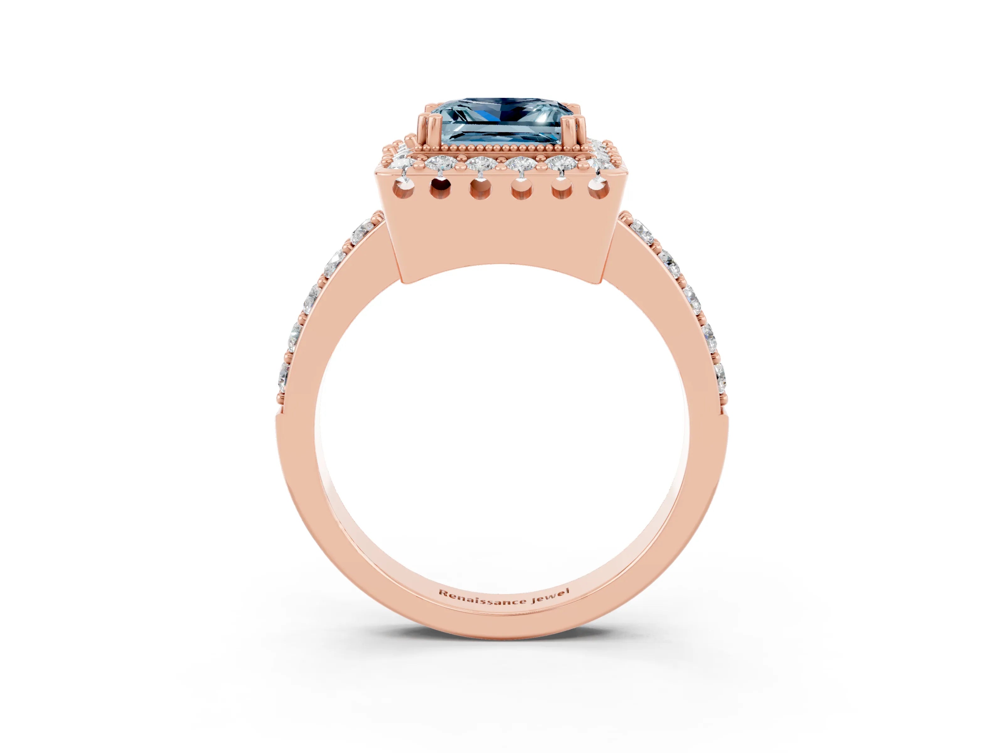 Rose gold Princess Cut Diamond Halo Ring with Pavé Band and Prong Setting_3