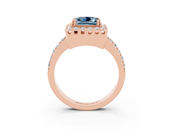 Rose gold Princess Cut Aquamarine Halo Ring with Pavé Band and Prong Setting