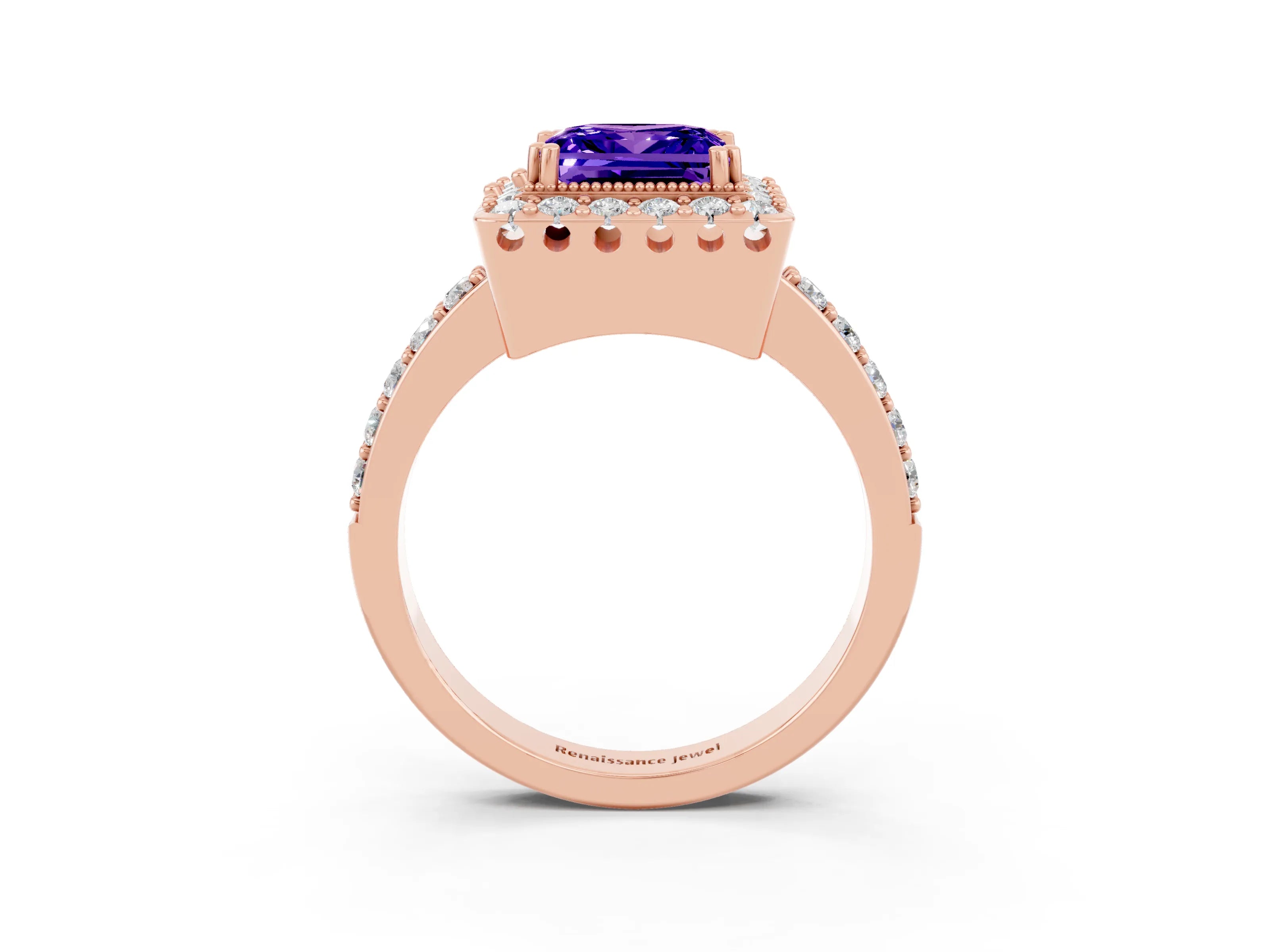 Rose gold Princess Cut Diamond Halo Ring with Pavé Band and Prong Setting_3