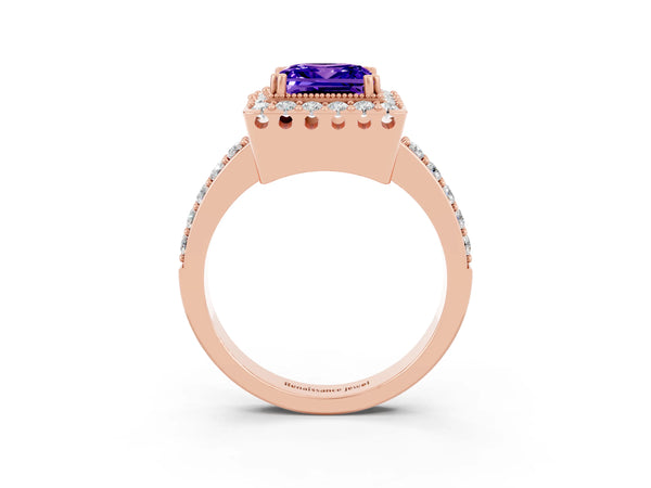 Rose gold Princess Cut Tanzanite Halo Ring with Pavé Band and Prong Setting