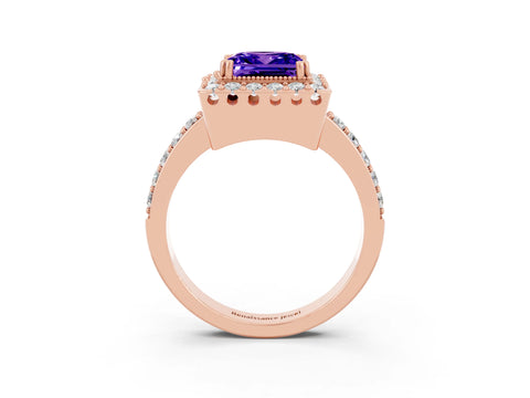 Rose gold Princess Cut Diamond Halo Ring with Pavé Band and Prong Setting_3