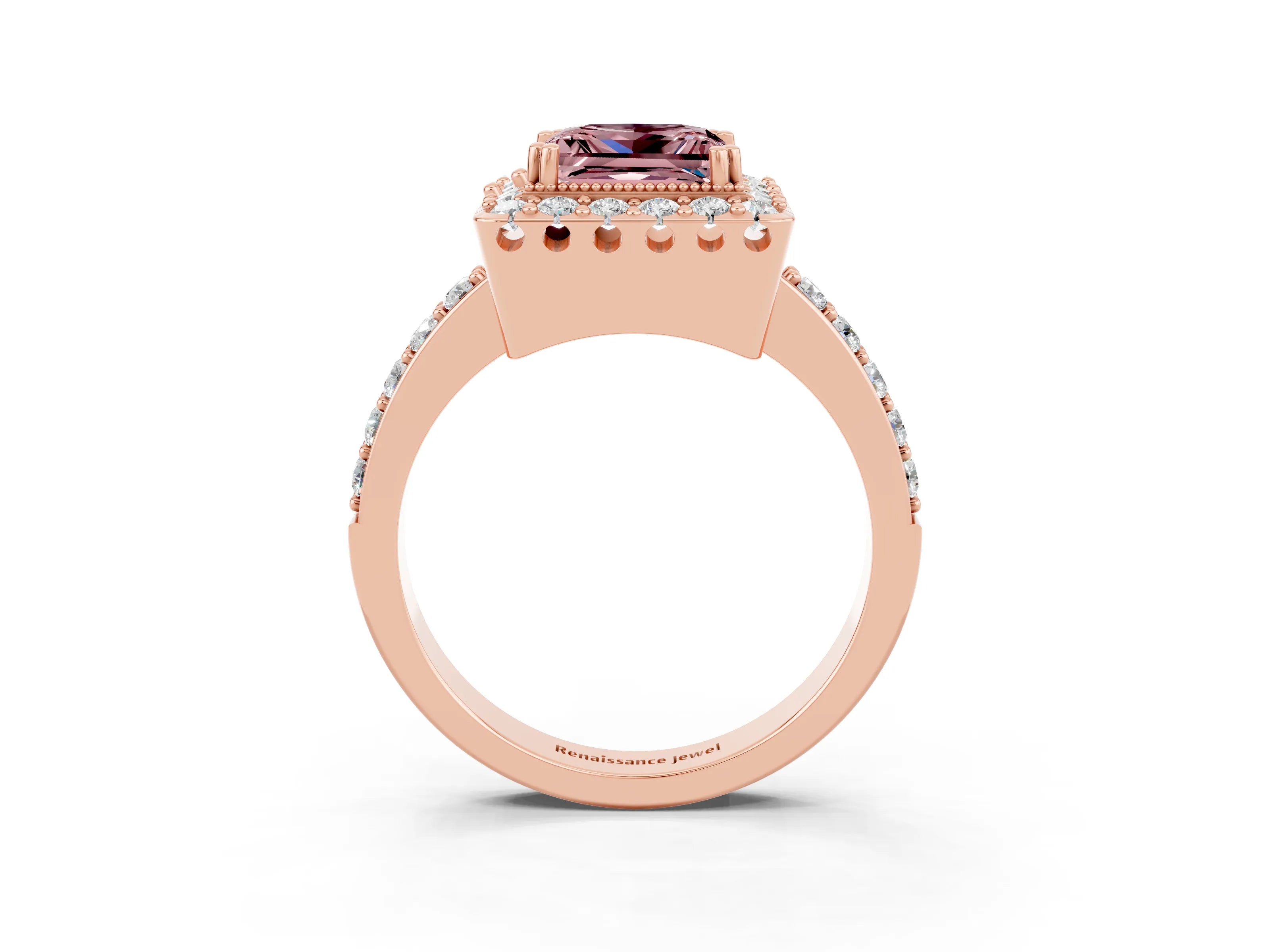 Rose gold Princess Cut Diamond Halo Ring with Pavé Band and Prong Setting_3