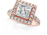 Rose gold Princess Cut Diamond Halo Ring with Pavé Band and Prong Setting_4